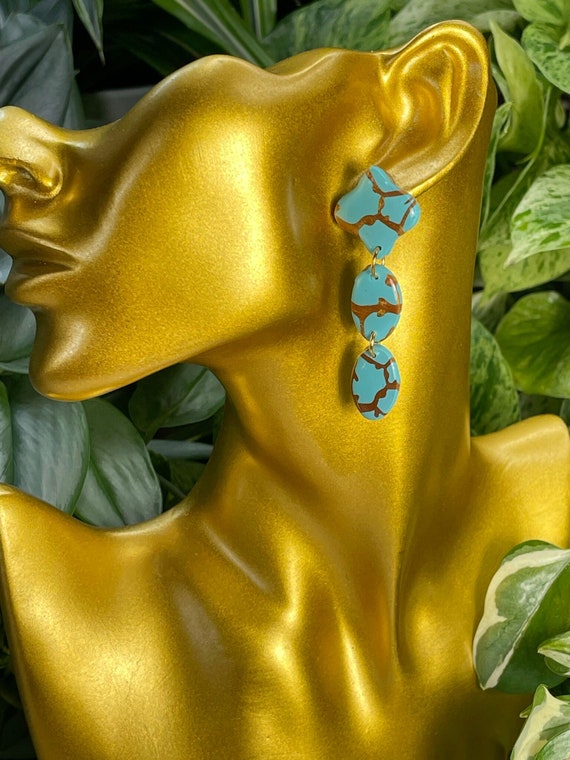 Turquoise Kingman Spiderweb Dream Collection Oversized Mega Statement Earrings Clay Jewelry Lightweight Unique Vintage Look