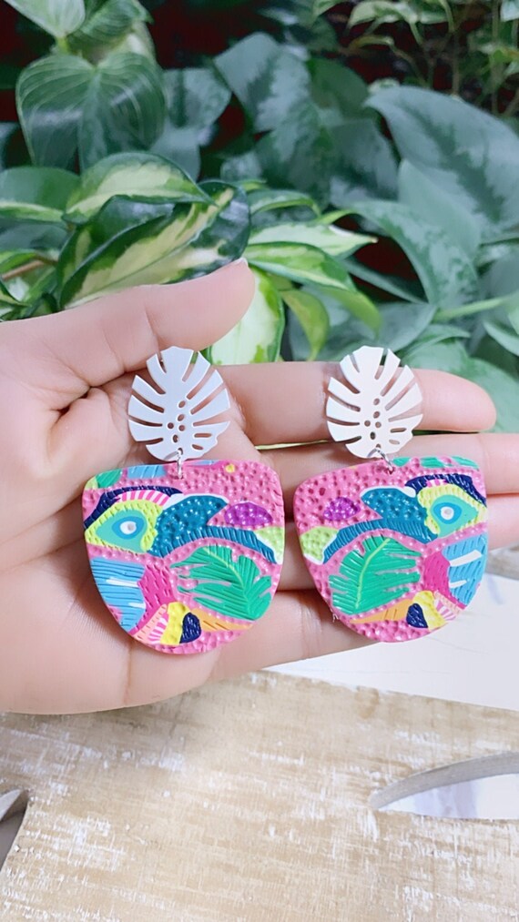 Toucan Dreams Limited Edition Abstract Textured Jungle Boggie Statement Earrings Gold monstera leaf multicolored tropical Large Dangles
