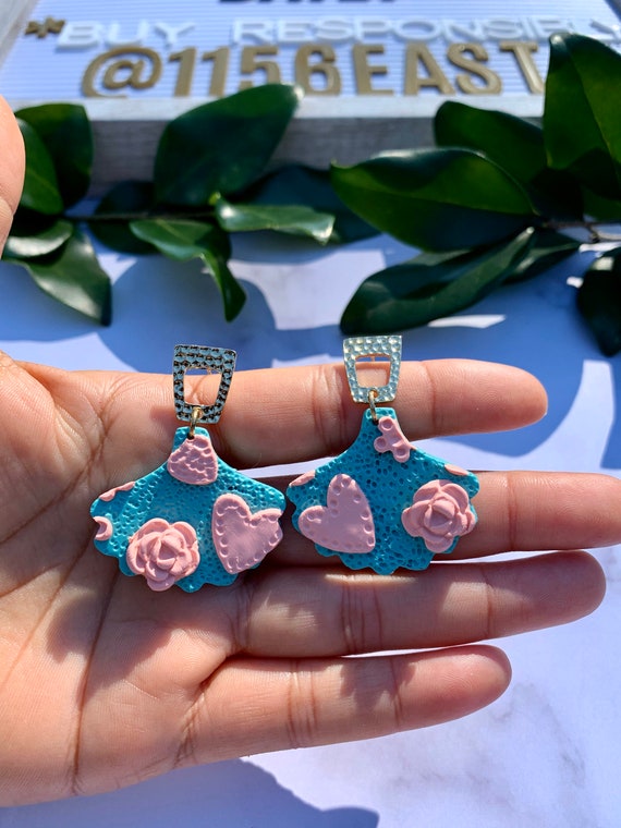 Vintage Chic Pink Coral Aqua Statement Earrings Clay Jewelry Flowers Hearts Fan