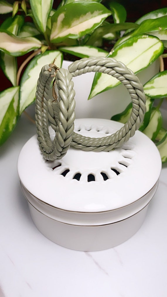 Rope Braid hoops Extra Large Statement Cognac rust terra cotta Earrings Fall Clay hoops olive green Knit crochet