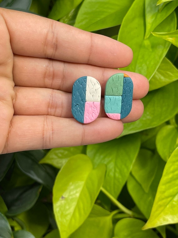 Tropical Abstract Stud Print Collection Statement Earrings Clay Jewelry cream ecru olive pink teal stud mini Color blocked