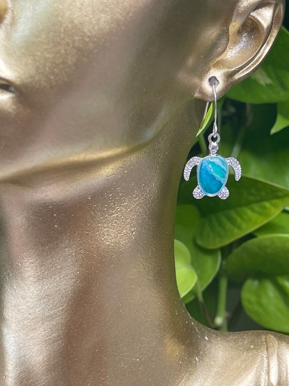 Framed Sea Turtles Silver Dainty Small Hooks Drop Collection Statement Blues Green Earrings Clay Jewelry