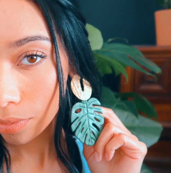 Etsy Commercial Monstera Carved Palm BeachStatement Earrings Big Gold or Silver Leaf Dangles Why Buy Boring Ad