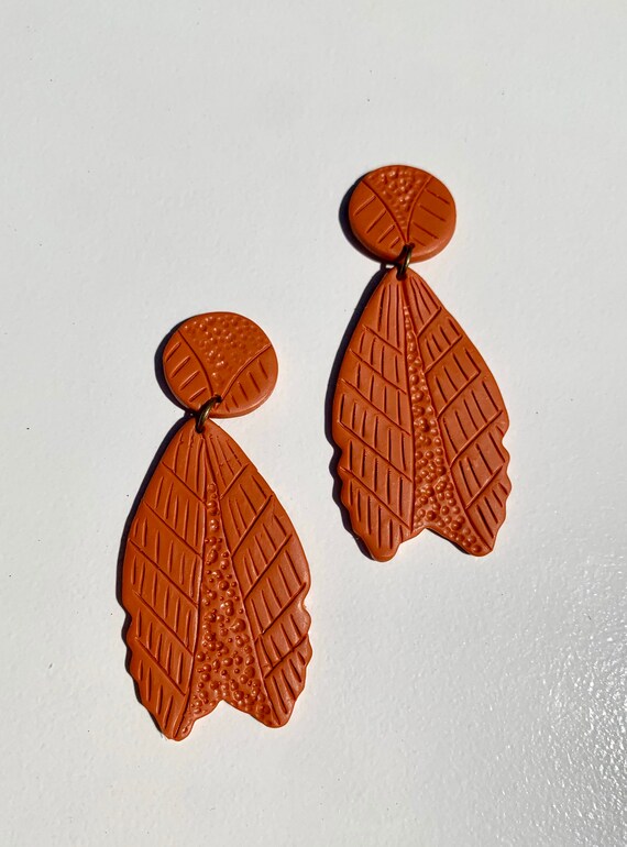 Indian Summer Collection BoHo Statement Earrings Clay Original unique Dangles Arrowhead Leaf Orange Rust Teal Yellow