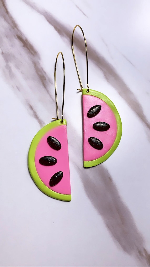Made to order Small  Fruity Watermelon slice statement Earrings gold hoops silver  pink green black glitter