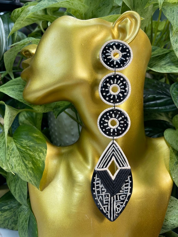 Tribal Life’s Journey Collection Hand Painted Statement Earrings Clay Handcrafted Dangles Black Bone