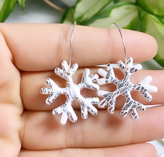 Winter Wonderland Let It Snow Collection stud dangle Statement Earrings Clay Jewelry Green tree sage silver foil