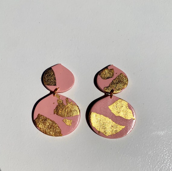 Spring Fling Contemporary Mint and gold Statement Earrings Large Dangles Polymer clay and Arch Teal Pink Coral