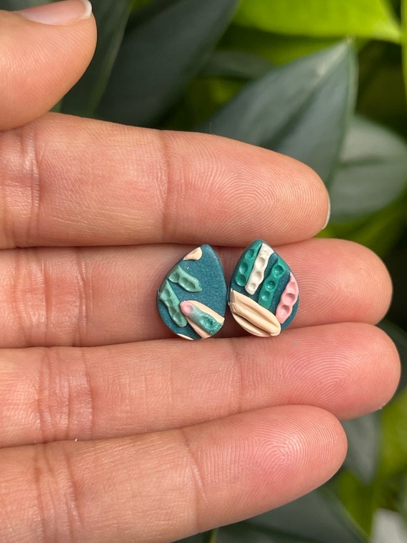 Tropical Abstract Stud Print Collection Statement Earrings Clay Jewelry cream ecru olive pink teal stud mini Color blocked