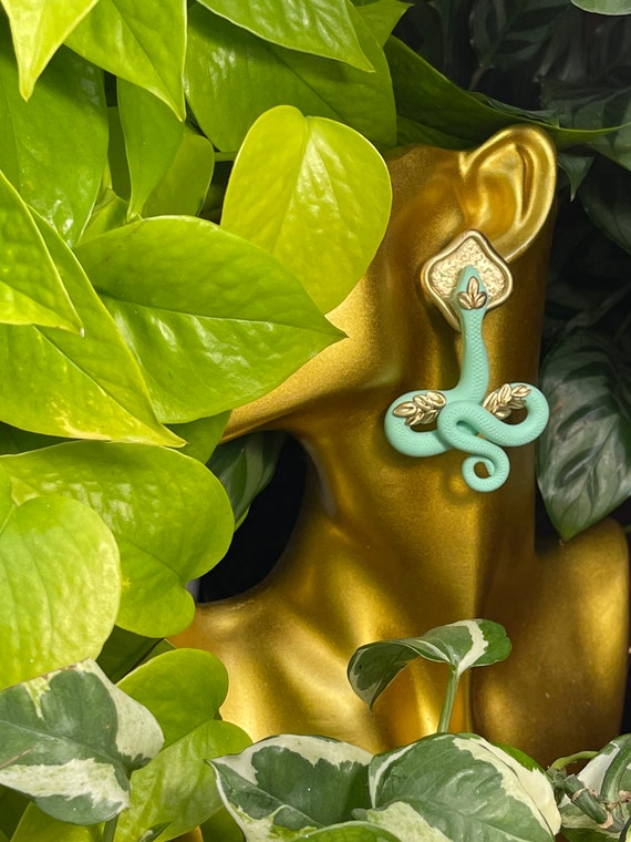 Jungle Slithereens Statement Earrings Large Silver Gold Post serpent snake Python Aqua turquoise Gold studs boho
