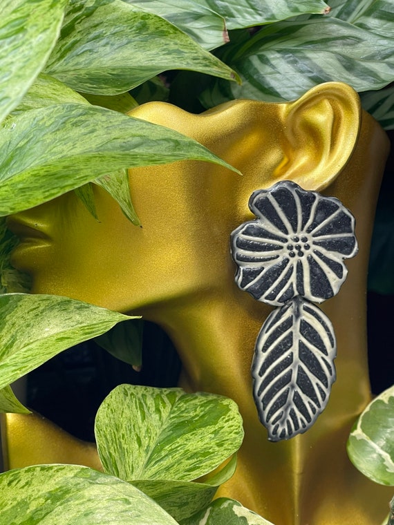 Hobo Fall Indie Floral Statement Earrings Clay Studs Dangles cream yellow teal burnt orange terra-cotta ceramic black