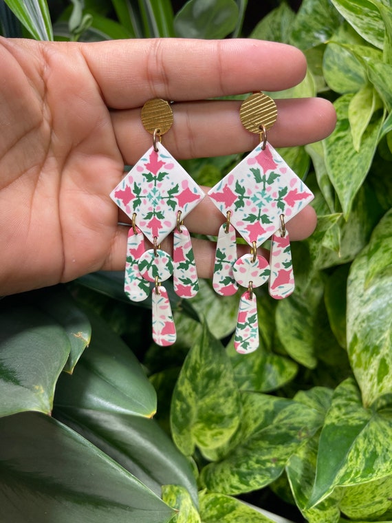 Moroccan Tile Drops Floral Tile Design Statement Earrings Pink Teal Green White Sky Blue