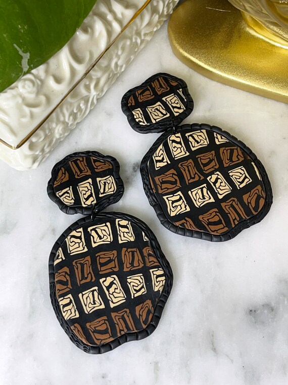 Tribal Print Life’s Journey Collection Statement Earrings Clay Handcrafted Dangles Black Ecru Cinnamon