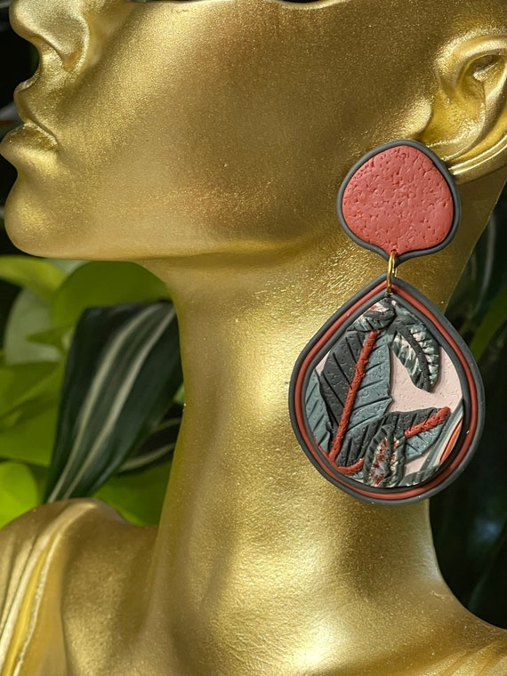 Fall Tropicals collection Jungle leaf Statement Earrings Clay Jewelry Organic Art Bobo chic concrete