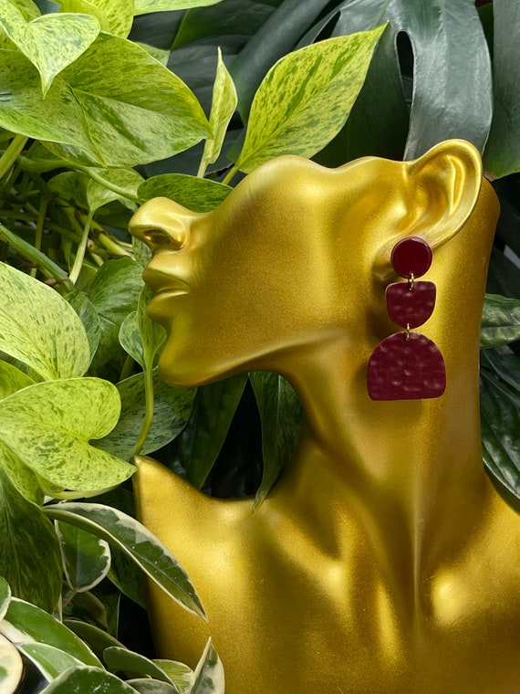 Miami Burgundy Wine maroon Large Statement Earrings  Clay Jewelry