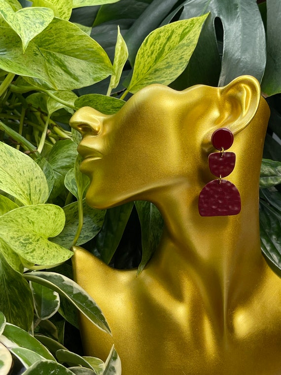 Miami Burgundy Wine maroon Large Statement Earrings Clay Jewelry