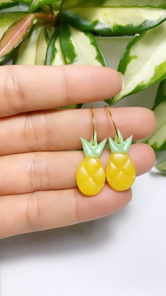 Made to order Mini Fruity Pineapple Translucent statement Earrings gold hoops silver  Yellow chartreuse green