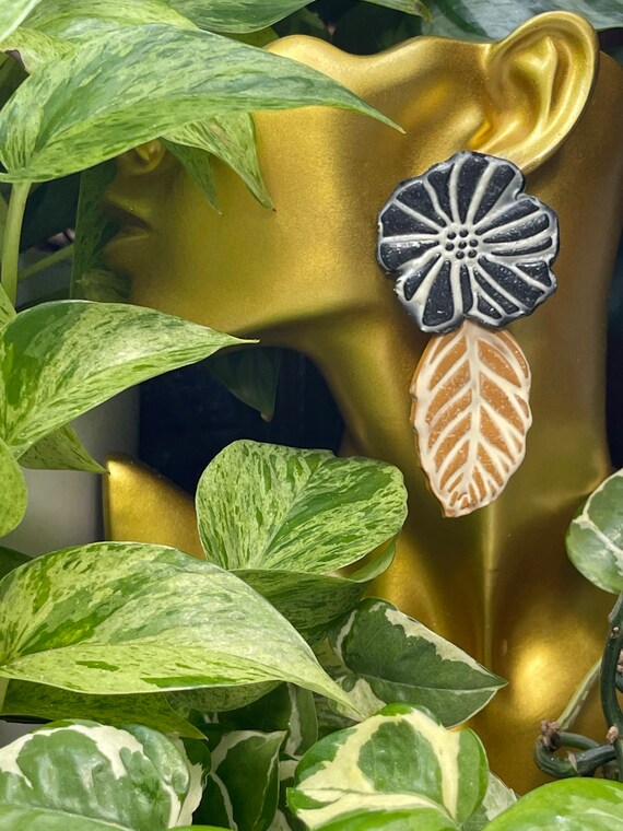 Hobo Fall Indie Floral Statement Earrings Clay Studs Dangles cream yellow teal burnt orange terra-cotta ceramic black