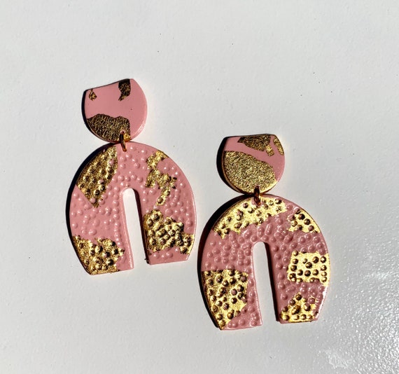 Spring Fling Contemporary Pink and gold Statement Earrings Large Dangles Polymer clay and Arch