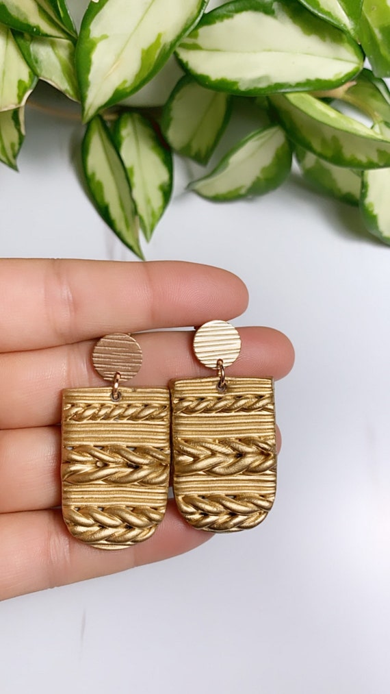 Knit Collection Statement Earrings Metallic gold leaf stud dangle sweater made to order bold unique ooak
