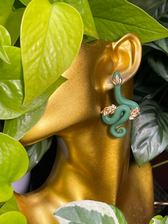Jungle Slithereens Statement Earrings Silver serpent snake Python Green Gold studs