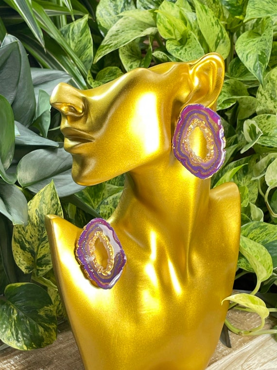 Amethyst Purple Quartz Dream Faux Stone Collection Oversized Mega Statement Earrings Clay Jewelry Lightweight Gold Translucent Geode Agate