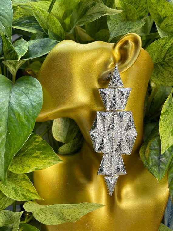 Mosaic tetrahedron Hand Cut Custom Earrings Silver Leaf Statement Earrings Dangles