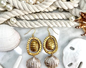 Mosaic Shell Gold Earrings Tropical Statement Dangles Fringe Hand Cut Custom Stud Bay scallop