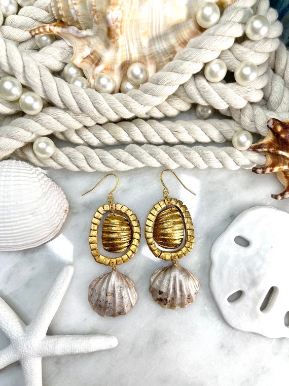 Mosaic Shell Gold Earrings Tropical Statement Dangles Fringe Hand Cut Custom Stud Bay scallop