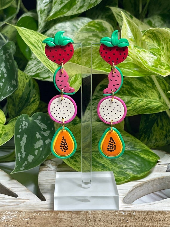 Fruit Salad Strawberry Watermelon Dragon Fruit Papaya Slice statement Earrings gold hoops silver pink yellow orange green red black