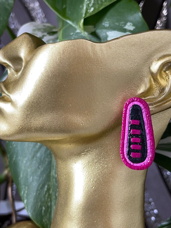 Tribal Print Life’s Journey Collection Statement Earrings Clay Handcrafted Dangles Black White pink