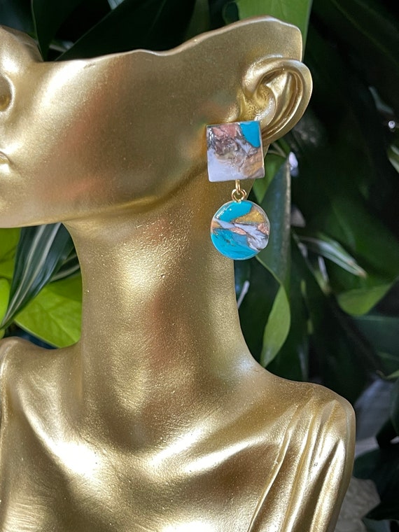 Fall Tropicals collection oyster turquoise Statement Earrings Clay Jewelry Organic Art Bobo chic concrete