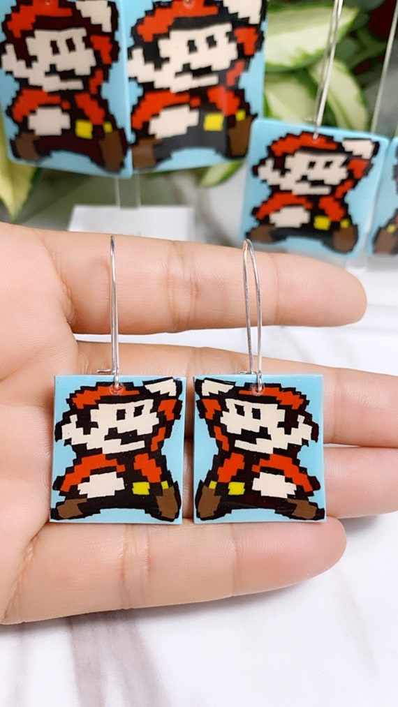 Super Mario Inspired Statement Earrings 8 bit Gamer Retro Polymer Clay Resin dangle Hoops Super Size Medium hooks hoops