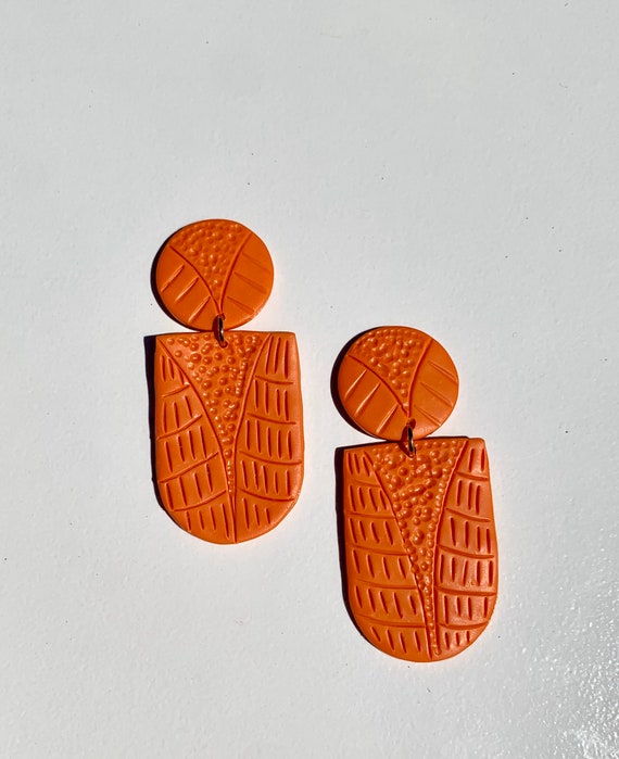 Indian Summer Collection BoHo Statement Earrings Clay Original unique Dangles Arrowhead Leaf Orange Rust Teal Yellow