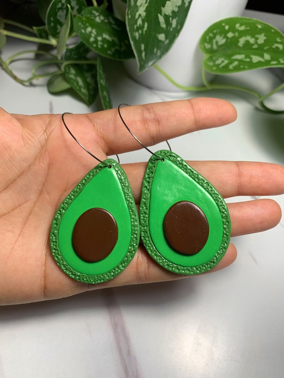 Made to order Medium Size Fruity Avocado statement Earrings hoops silver green