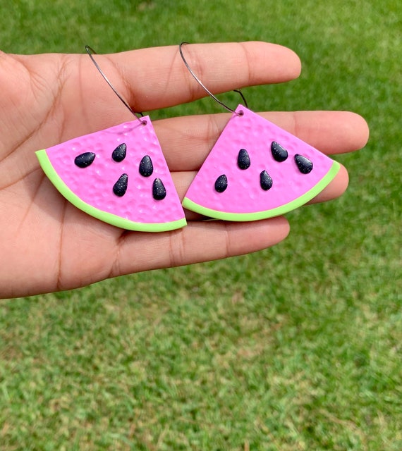 Made to order Large Fruity Watermelon slice statement Earrings gold hoops silver pink green black glitter