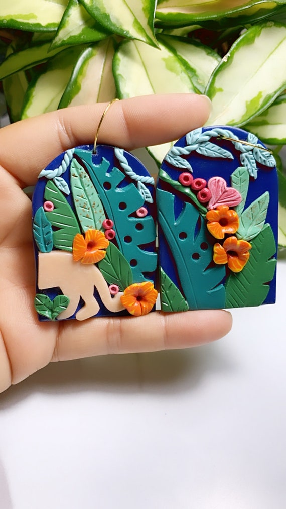 Limited Edition Jungle Boggie Rainforests Statement Earrings panther Gold Teal coral leaf