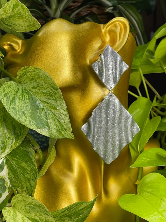 Draped in the Glam Glitter Double Statement Earrings Clay Handcrafted Silver Dangles draped wave gold