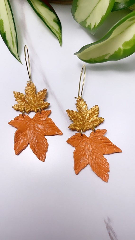 Autumn Maple Leaf Double Gold Forest Green Orange terra-cotta Statement Earrings Fall Leaves Clay hoops hooks clip ons dangle