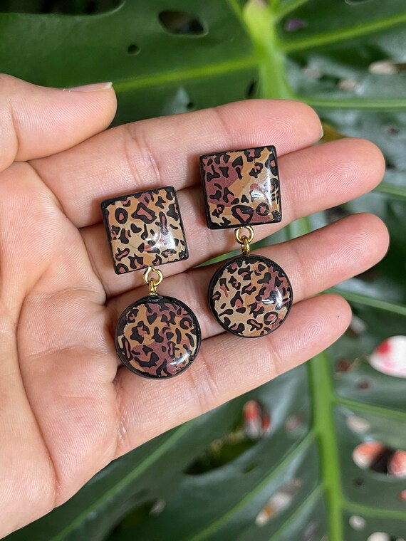 Complexed Simplicity Collection Statement textured Earrings Small leopard print Clay Jewelry black brown Gold Clay Beads