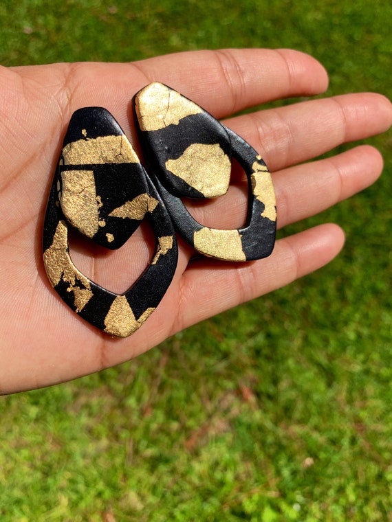 Young in Black Gold foil light minimalist modern large stud Statement Earrings Clay