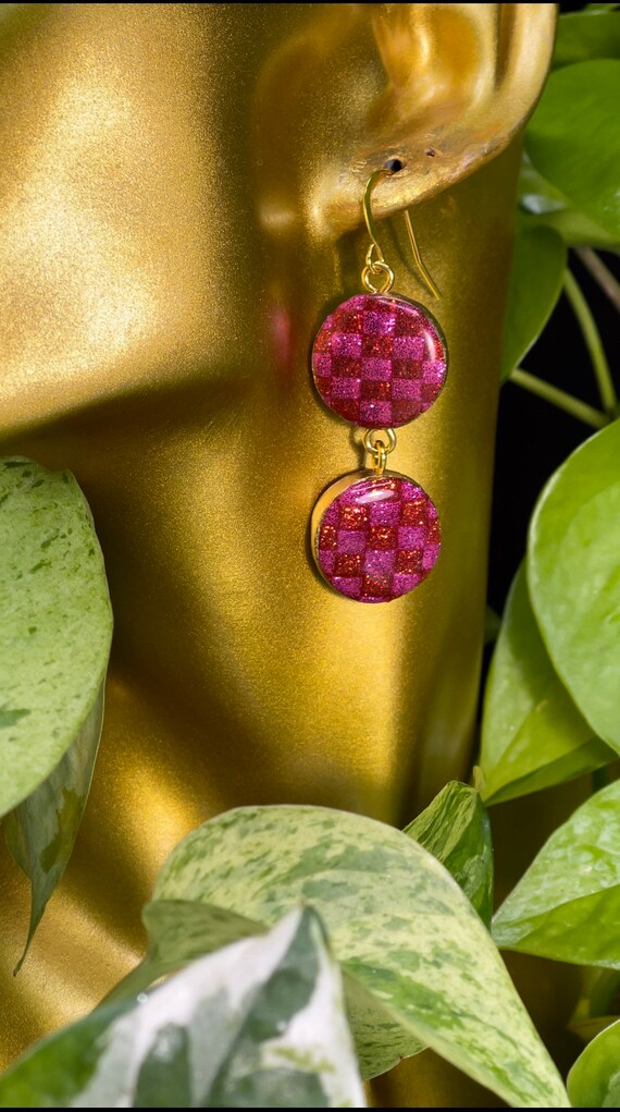 Glitter checkered Pink Red Statement Earrings Clay Handcrafted Dangles gold checker board