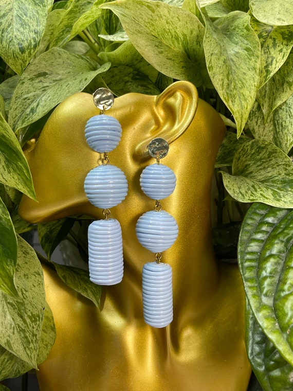 Periwinkle  Dots  Statement Hand painted Gold Earrings Clay handcrafted Wrapped Tropical Dangles