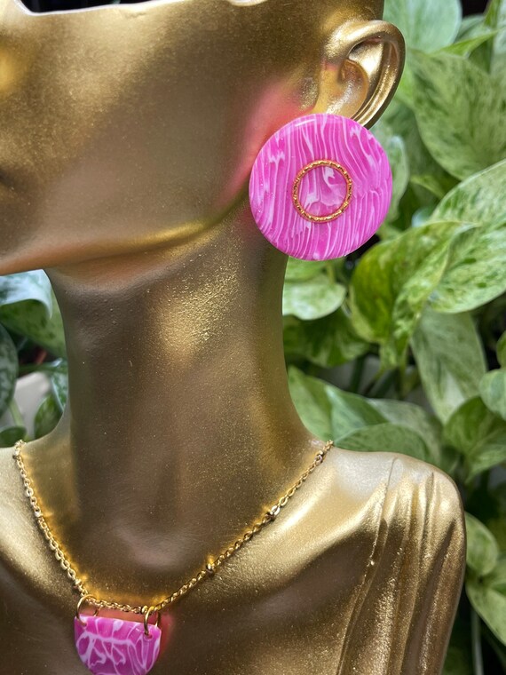 Faux Stone Pink rose Round stud Ball dangle Collection Statement Earrings Clay Jewelry Lightweight Gold Translucent Geode Lace Agate