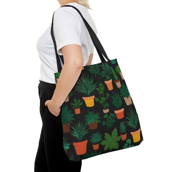 Green Haven Plant Print Tote Bag Gifts for plant lovers Black