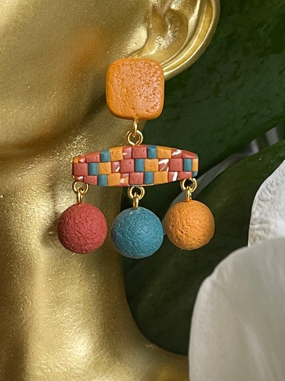 Complexed Simplicity Collection Statement textured Earrings Small rust teal mustard Clay Jewelry Gold Clay Beads