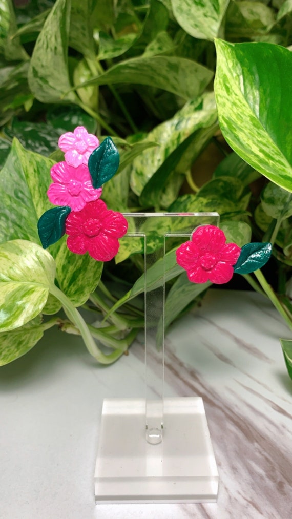 Pink Ombré Floral asymmetrical  Ear Climber Ear Cuff Flower leaf Statement Earrings Tropical stud post clip ons unique