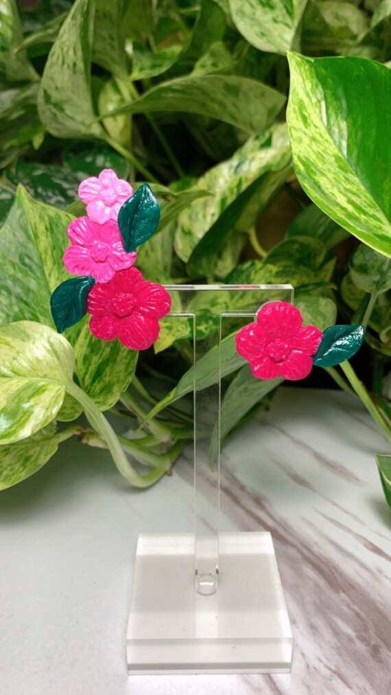 Pink Ombré Floral asymmetrical Ear Climber Ear Cuff Flower leaf Statement Earrings Tropical stud post clip ons unique