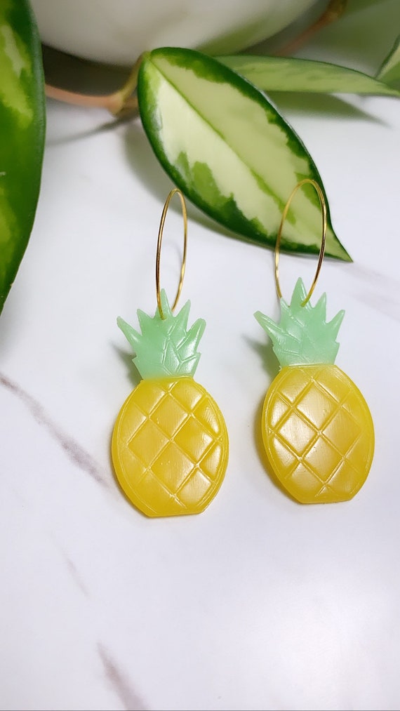 Made to order Small Fruity Pineapple Translucent statement Earrings gold hoops silver Yellow chartreuse green