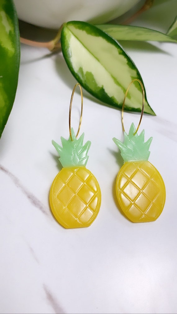 Made to order Small Fruity Pineapple Translucent statement Earrings gold hoops silver  Yellow chartreuse green